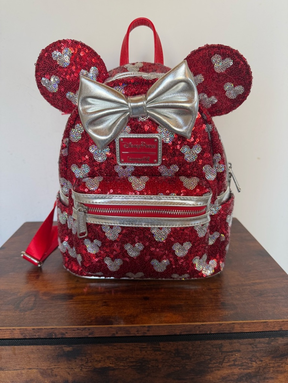 Loungefly Red Sequin Minnie Ear Mini Backpack with Silver Bow